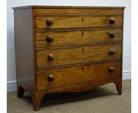 19th century inlaid mahogany chest, four graduating drawers with turned handles and cockbeading, shaped bracket supports (W10