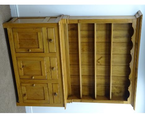 Polished pine dresser, projecting cornice, three shelf back above three drawers and cupboards, W160cm, H198cm, D40cm