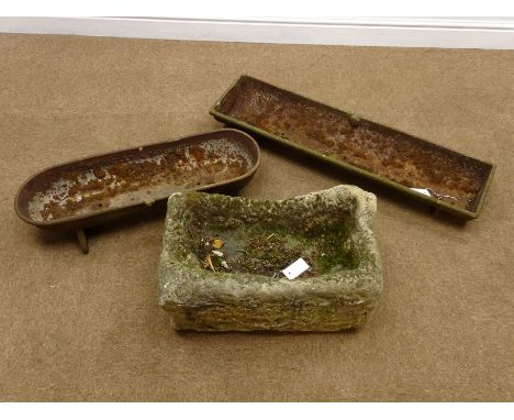 Rectangular stone trough planter with weathered sides (W56cm, H28cm, D35cm) and two cast iron troughs (3)