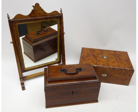 Georgian walnut framed toilet mirror, rectangular plate in gilt slip, shaped cresting, George III mahogany tea caddy and Vict