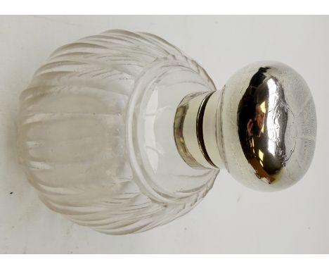 Early 20th century globular faceted glass scent bottle with silver engine turned top by Williams, Birmingham 1919 H14cm 