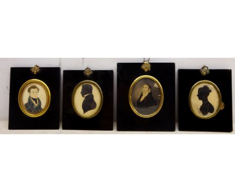 Portrait miniature of a Gentleman and Lady, two 19th century silhouette portraits unsigned and Portraits of Gentleman, two 19