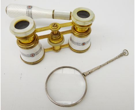 Pair early 20th century brass and mother-of-pearl opera glasses with Guilloche enamel type decoration and 19th century white 