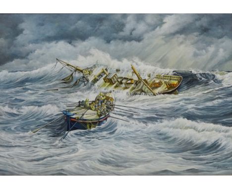 Lifeboat on a Rescue in Stormy Seas, 20th century oil on board signed by K. Griffin 29cm x 41cm