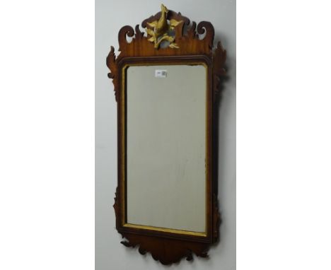 Chippendale style mahogany framed mirror, carved gilt 'HoHo' bird, W44cm, H80cm