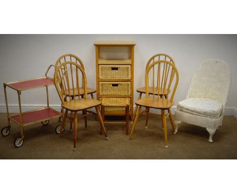 Set four elm seat ercol hoop back chairs (W39cm) a white finish wicker chair, upholstered seat, cabriole feet (W49cm), hardwo