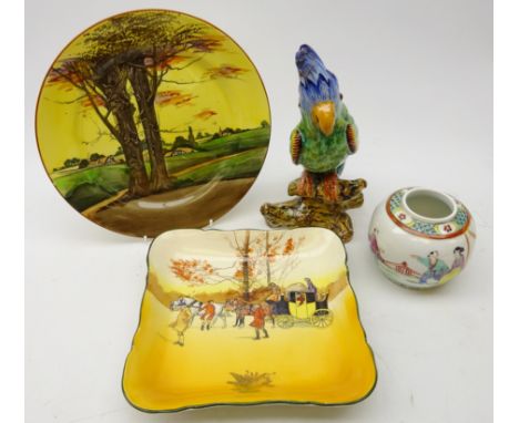 Royal Doulton 'Woodlands' series ware plate and 'Coaching Days' square dish, Italian glazed model of a Cockatoo and 20th cent
