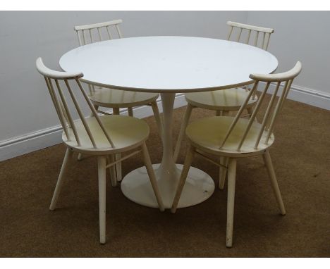 Arkana style circular table, tulip shaped base (D106cm, H71cm) and set of four stick back chairs, turned supports, white pain