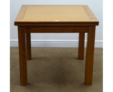 Solid light oak extending foldover top dining table, square supports, W180cm, H78cm, D180cm
