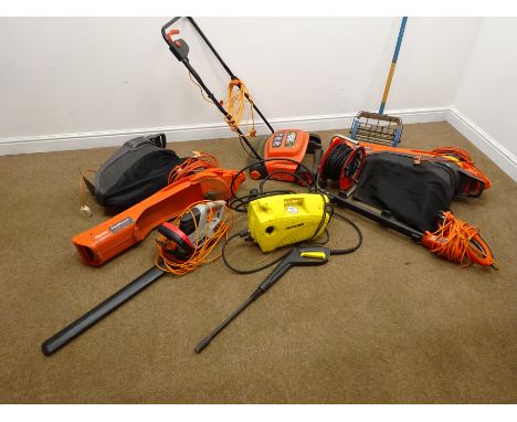 Large quantity of electrical garden tools comprising of a Spear &amp; Jackson hedge trimmer, two Flymo Gardenvac 2500W turbos