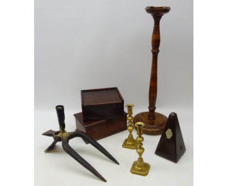 Early 20th century oak smokers stand, pair brass candlesticks, metronome, wrought iron candlestick adapted from Farming Imple