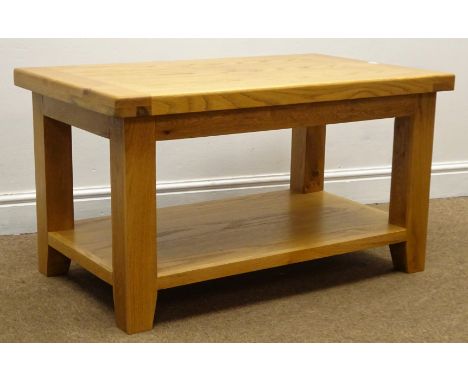 Solid light oak coffee table, square supports joined by solid undertier, W90cm, H50cm, D55cm