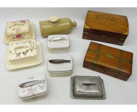 19th century and later Sardine dishes to include ceramic, pewter &amp; glass, stoneware hot water bottle and two Eastern bras