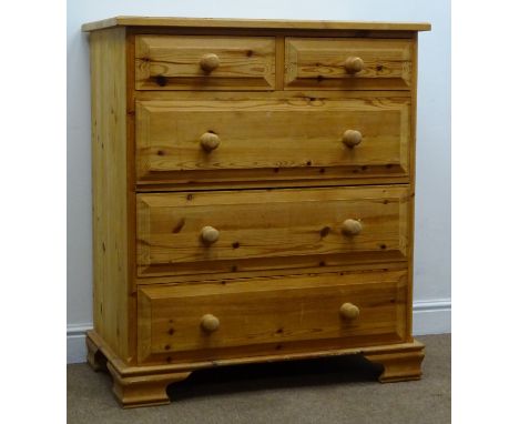 Solid pine chest, two short and three long drawers, shaped bracket supports, W92cm, H105cm, D51cm