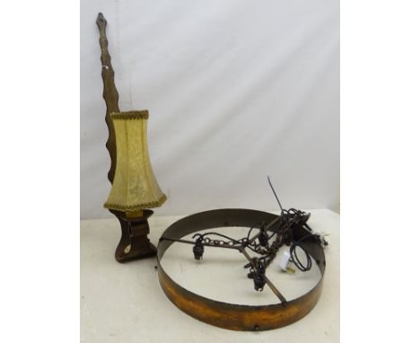 Beaten copper circular three light centre light fitting, D46cm (re-wired), heavy cast metal Dutch wall sconce with vellum sha