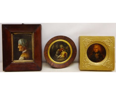 Hiding in the Woods, 19th century oil on wood unsigned and Portrait of Lord Nelson and Man Waring a Hat, two 19th century oil