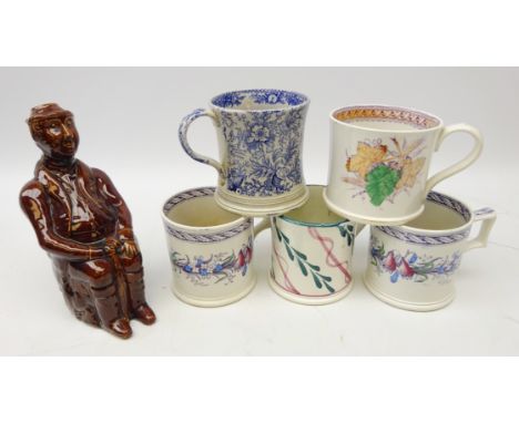 19th century treacle-glaze flask in the form of a seated gentleman, H21cm and five 19th century Tankards - two by J &amp; R G