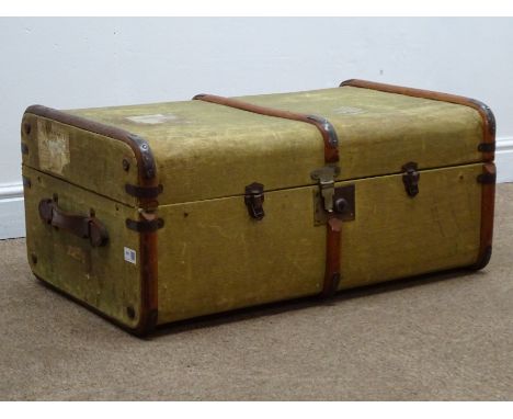 Vintage travelling trunk, hinged lid two leather handles, W78cm, H34cm, D49cm