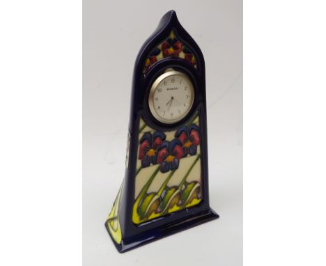Moorcroft 'Dames Pansy' pattern mantle clock, trial piece (a/f)