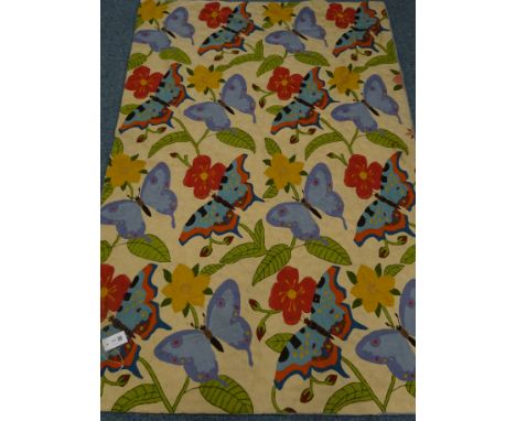 Pictorial Kashmiri hand stitched wool chain beige ground rug 178cm x 115cm