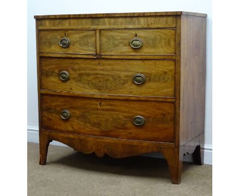 19th century bow fronted cross banded mahogany chest, two short and two long drawers, shaped bracket supports, W93cm, H92cm, 