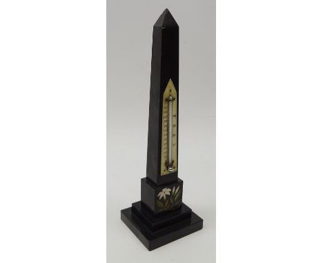 Victorian Ashford type Pietra dura black marble obelisk thermometer inlaid with flowers with ivory plate on stepped base H26.