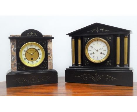 Victorian polished black slate and marble mantel timepiece, white Roman dial signed Clarke & Sons. Bedford, H27cm and a Victo