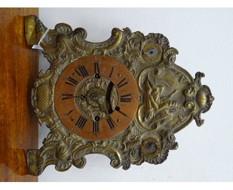 19th century German strut or bracket clock with alarm, Rococo embossed brass front, Roman dial with aperture subsidiary repea