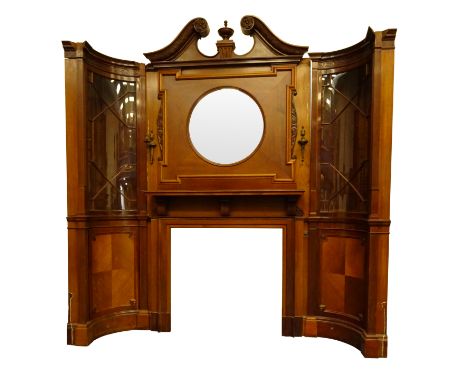 Large Edwardian Adam style mahogany chimney-piece, fire-surround with swan neck pediment and urn finial above circular bevell