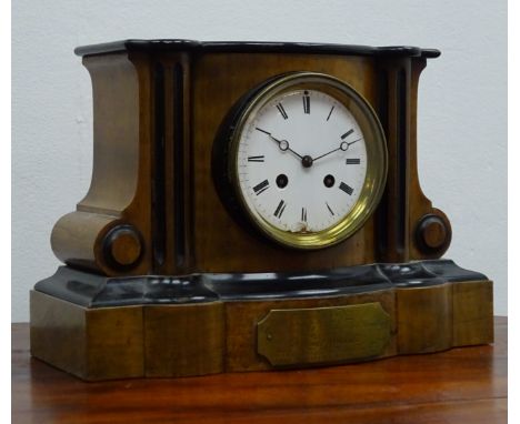 Victorian walnut and ebonised cased mantle clock, twin train Japy Freres movement half hour striking on a bell, with brass pr