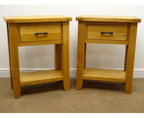 Solid light oak side table, single drawer, square supports joined by solid undertier, W65cm, H81cm, D35cm