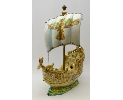 Large Capodimonte painted ceramic model of a Galleon, no 574, H65cm 