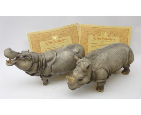 Two North Light limited edition ceramic resin models - Hippo sculpted by Alan Harmer 65/350 and Rhinoceros by the same hand 1
