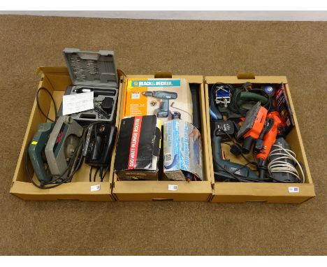 Large quantity of hand power tools comprising of a Black &amp; Decker KD577 CRT 680W drill, a jigsaw and a sander, a Black pl