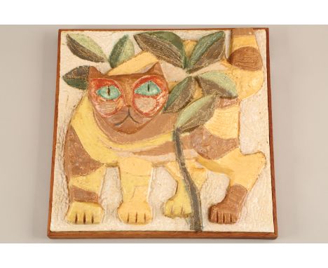 Delft square ceramic tile, circ 1963'Relief of a cat'33cm x 33cm