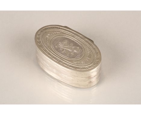18/19th century continental silver snuff box, oval form, hinged cover with chased decoration. 64mm long 38mm wide 25mm high. 