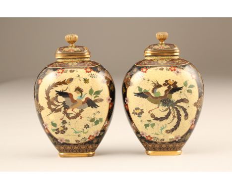 Pair of Japanese cloisonné ovoid vases and covers, detailed panels of a Ho Ho bird to one side with flowers and butterflies t