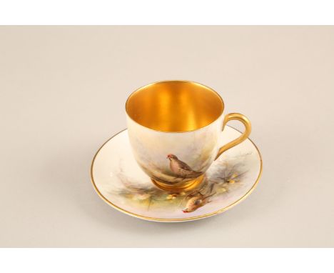 Royal Worcester cased coffee set, hand painted with garden birds including Great Tit, Jay, Wren, Bullfinch, Starling and Redp