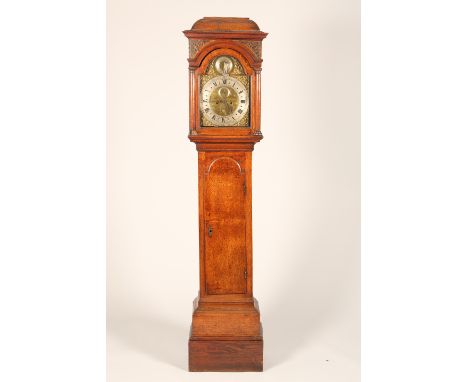 Oak longcase clock, engraved brass and silvered dial with Roman numerals with subsidiary dial by Thomas Read, Stevenage; Stri