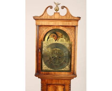 Scottish George III inlaid mahogany long cased clock, swan neck pediment over a brass dial with seconds and date subsidiary d