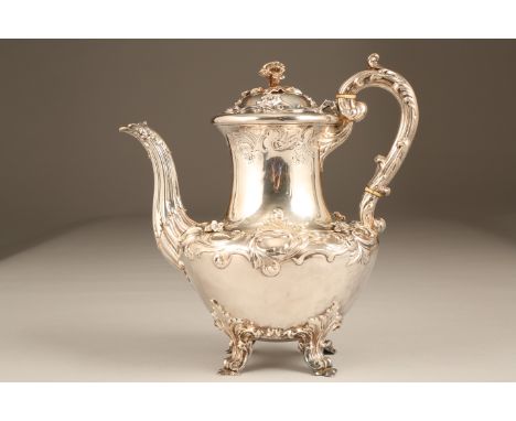 William IV four piece silver tea service, embossed and chased with acanthus leaves, C scrolls and applied flowers. Assay mark