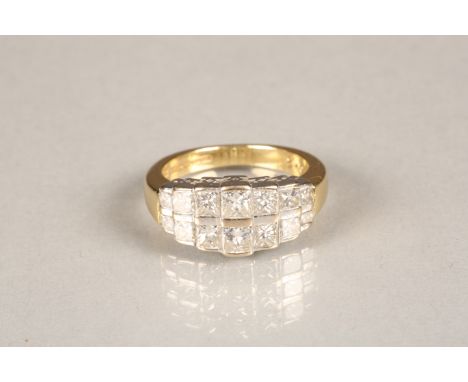 18 carat yellow gold diamond cluster ring, set with two rows of seven princess cut diamonds, approx. diamond weight 2 carats.