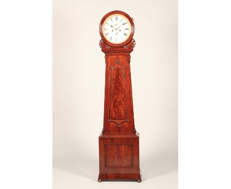 Scottish Victorian Mahogany Drum Head, long cased clock, white circular dial, roman numerals, seconds and date subsidiary dia