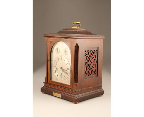 Mahogany cased bracket clock, with line inlay, silvered dial with additional chime/silent and slow/fast dials, triple fusee m