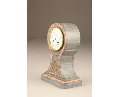 Grey and Rouge marle mantel clock, balloon shaped with a stepped rectangular base, eight day French time piece, striking a go