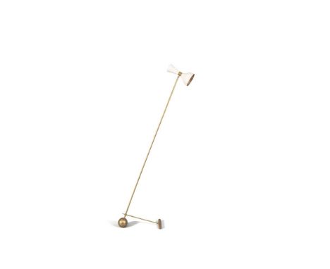 FLOOR LAMP A diabolo brass floor lamp, in the manner of Stilnovo, Italy, with a white enamel shade.183 x 50cm
