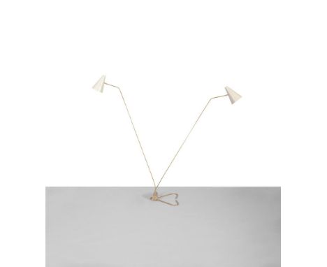 Floor Lamp A two arm brass floor lamp, with grey enamel shades, Italy. 170cm (h)