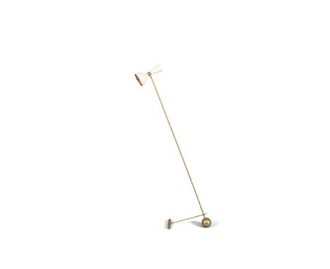 FLOOR LAMP A diabolo brass floor lamp, in the manner of Stilnovo, Italy, with a white enamel shade. 183 x 50cm