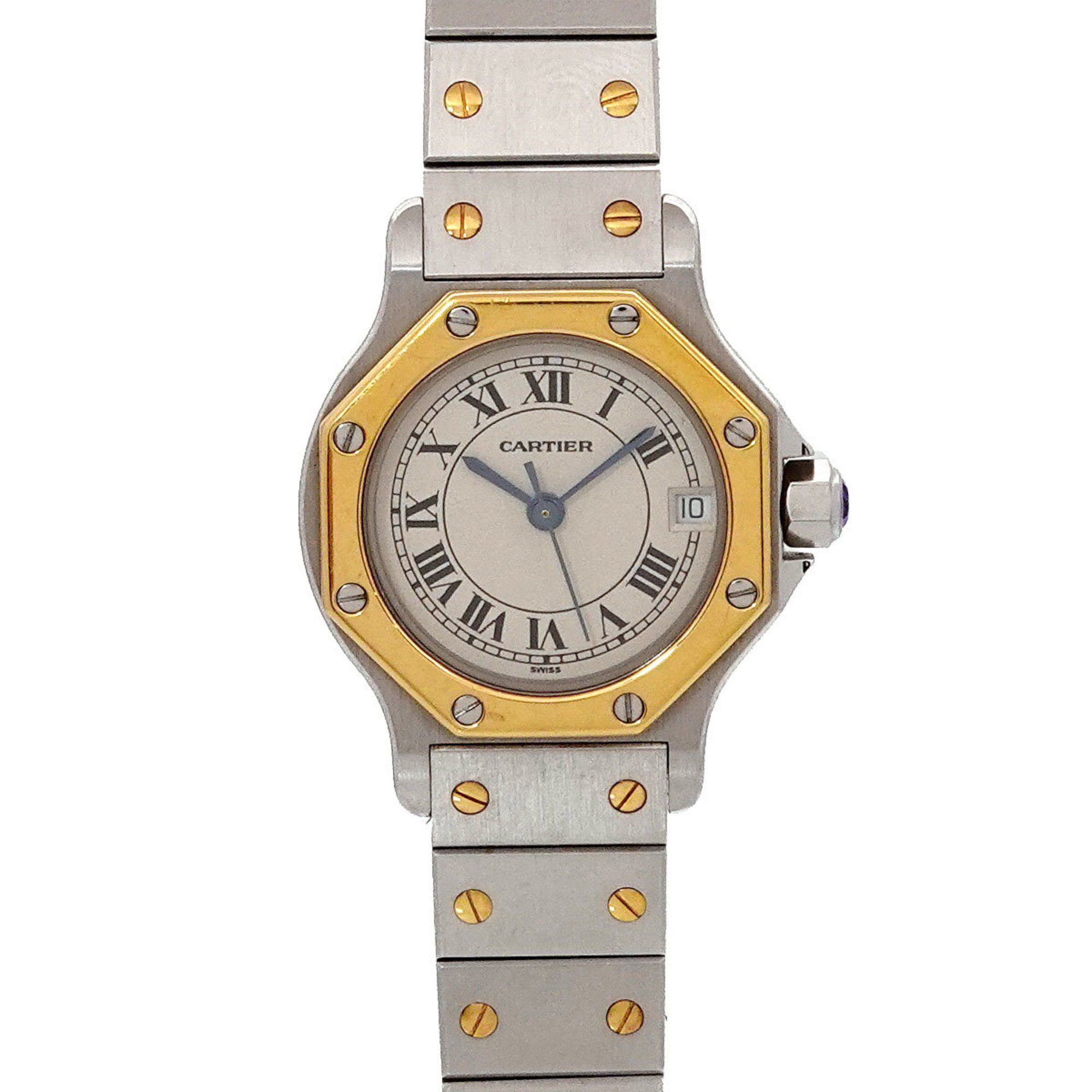 Cartier Santos Octagon SM Combi W2001683 Women's Watch Date Ivory YG Yellow Gold Quartz