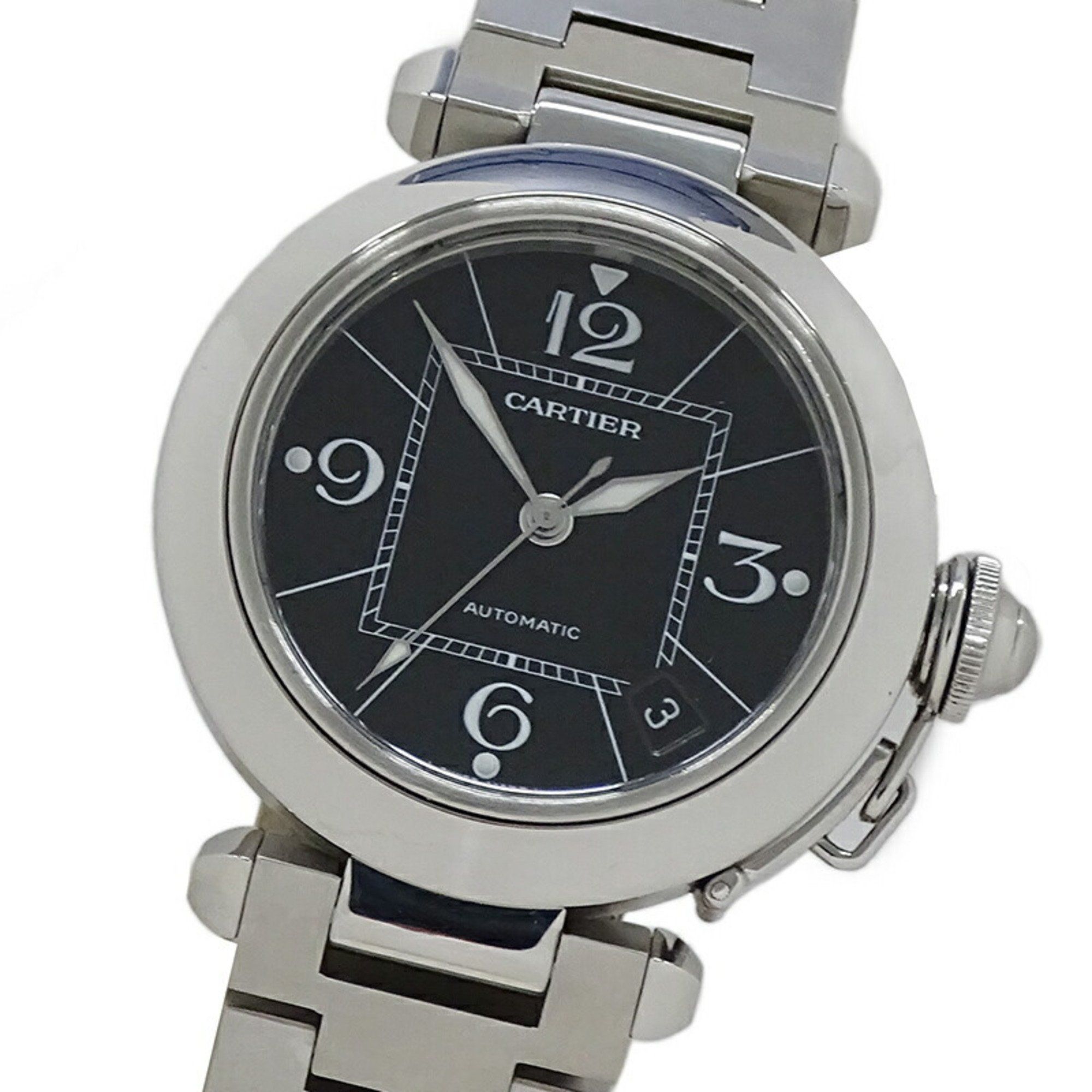 Cartier Pasha C Date Automatic Watch for Boys AT Stainless Steel SS W31076M7 Silver Black Polished